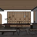 Minimalist Modern Tea Room With Wooden Shelves Ceramic Pots Tea Sets Long Table Bench Chairs