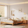 Wooden Frame Double Bed in Bedroom with White Sheets Beige Blanket Nightstand and Vase Flowers