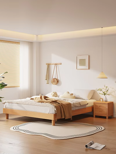 Wooden Frame Double Bed in Bedroom with White Sheets Beige Blanket Nightstand and Vase Flowers 3d model