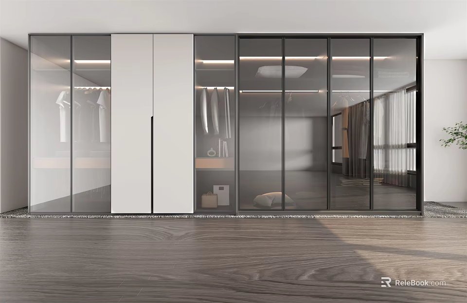 Sleek Modern Wardrobe Interior Design With Glass Doors White Panels And Hanging Clothes 3d model 
