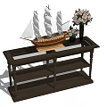 Wooden Coffee Table with Glass Top Featuring Sailing Ship Model and White Flower Vase