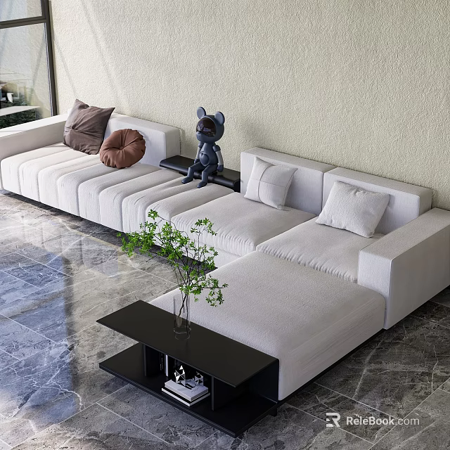 Modern White Modular Sofa With Throw Pillows Black Coffee Table And Green Plant 3d model