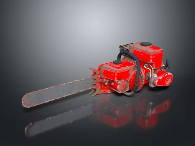 Red Chainsaw With Two Cylinder Engine Metal Chain And Handle Grip 3d model