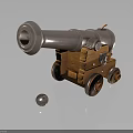 Detailed 3D Model of Vintage Cannon With Wooden Carriage Metal Barrel And Cannonball