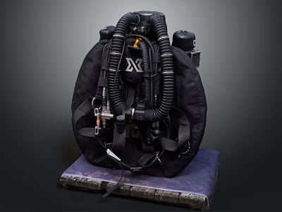 Black Backpack Style Diving Buoyancy Control Device With Straps Tubes Valves On Purple Platform 3d model