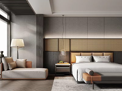 Hotel Guest Room Interior With King Bed Woven Headboard Sofa Chair And Wooden Flooring 3d model