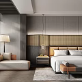 Hotel Guest Room Interior With King Bed Woven Headboard Sofa Chair And Wooden Flooring
