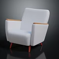Modern Minimalist Armchair With White Fabric Upholstery Wooden Armrests And Red Legs