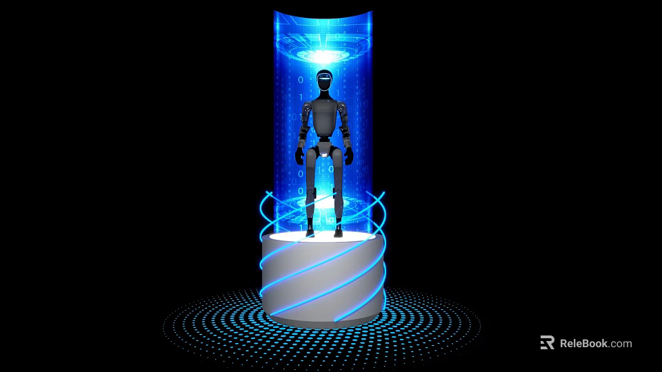 Futuristic Art Installation With Robot Figure And Blue Illuminated Spiral Pedestal 3d model 