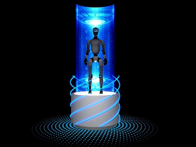 Futuristic Art Installation With Robot Figure And Blue Illuminated Spiral Pedestal 3d model