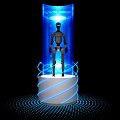 Futuristic Art Installation With Robot Figure And Blue Illuminated Spiral Pedestal