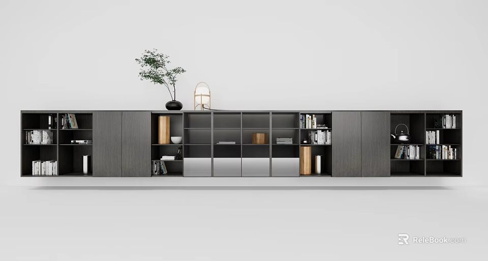 Modern TV Stand With Open Closed Storage Compartments Decorative Plants And Table Lamp 3d model