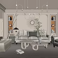 Cream Style Living Room Sofa Coffee Table Combination Single Person Sofa Background Wall Chandelier Side Table Hanging Picture 3d model