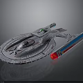 Spacecraft Model With Silver Body Blue Stripes Red Engine And Streamlined Design