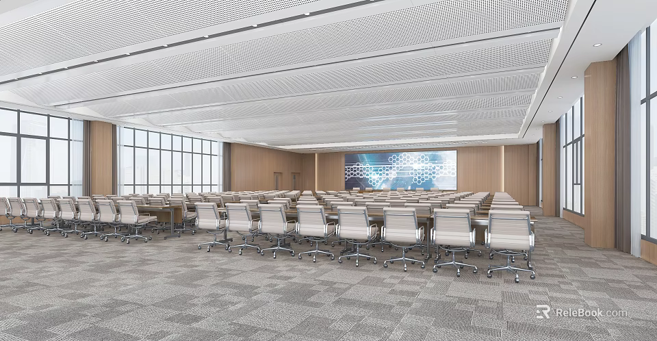 Modern Conference Room With Large Screen Movable Chairs And Floor To Ceiling Windows 3d model 