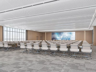 Modern Conference Room With Large Screen Movable Chairs And Floor To Ceiling Windows 3d model