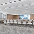 Modern Conference Room With Large Screen Movable Chairs And Floor To Ceiling Windows