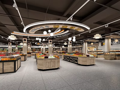 Modern Supermarket Grocery Interior With Fresh Produce Counters Bright Lighting And Organized Shelves 3d model