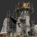 Ancient Stone Tower Under Restoration With Scaffolding Red Yellow Flag And Surrounding Stones