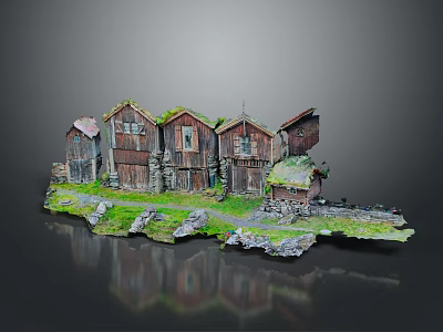 Traditional Rustic Wooden Houses With Turf Roofs Green Grass Stones And Water Reflections 3d model