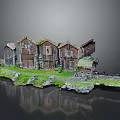 Traditional Rustic Wooden Houses With Turf Roofs Green Grass Stones And Water Reflections