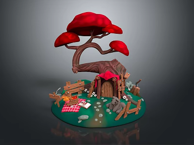Mushroom Shaped Cottage With Wooden Fence Bench Picnic Mat Stones And Rabbit 3d model
