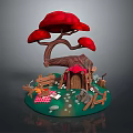 Mushroom Shaped Cottage With Wooden Fence Bench Picnic Mat Stones And Rabbit