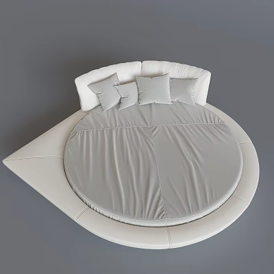 Round Bed With White Frame Gray Mattress And Soft Pillows In Modern Style 3d model