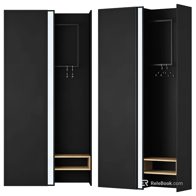 Modern Entryway Hallway Design With Black Cabinets Coat Hooks And Wooden Shelves 3d model 