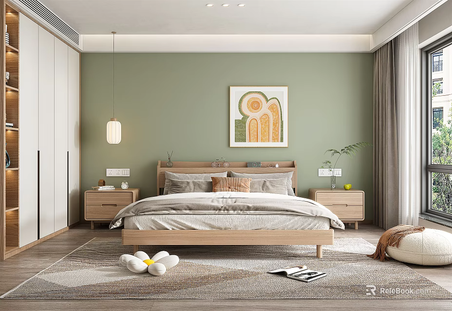 Modern Bedroom Interior Design With Green Wall Wooden Bed Wall Painting And Bedside Tables 3d model 