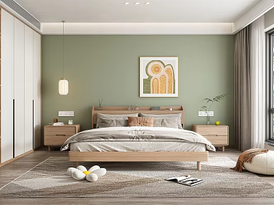 Modern Bedroom Interior Design With Green Wall Wooden Bed Wall Painting And Bedside Tables 3d model