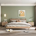 Modern Bedroom Interior Design With Green Wall Wooden Bed Wall Painting And Bedside Tables