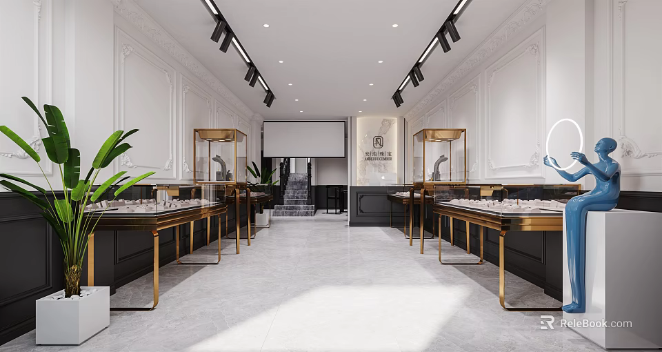 Elegant Jewelry Store Interior With Glass Display Cases Modern Lighting And Marble Floors 3d model 