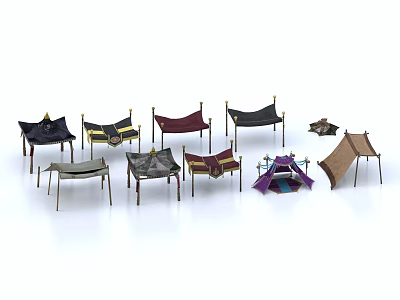 Garden Landscape Featuring Various Colored Tents With Metal Frames And Decorative Gold Elements 3d model