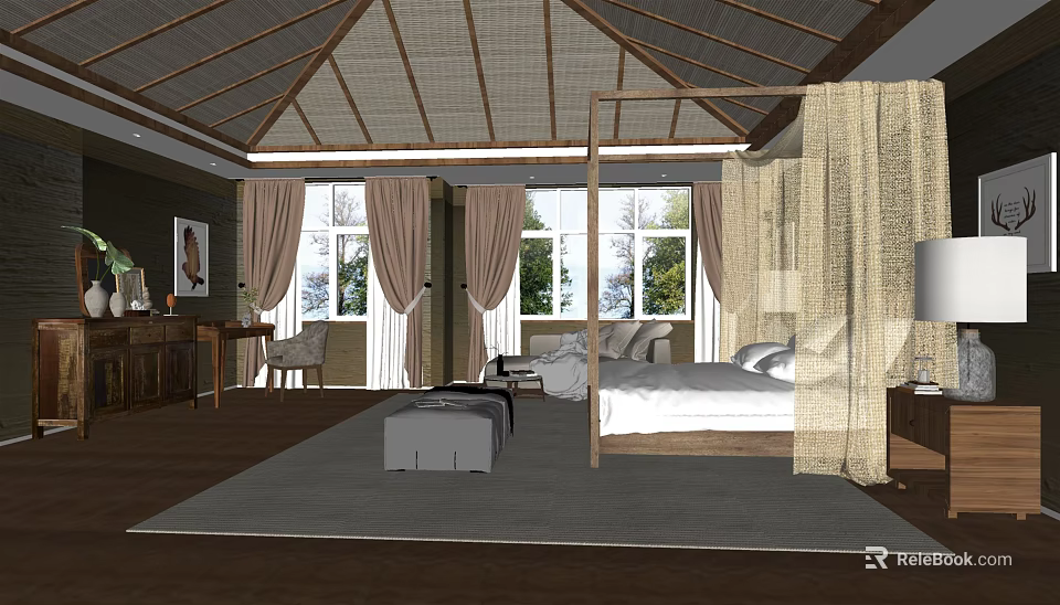 Serene Hotel Guest Room With Bamboo Ceiling Four Poster Bed And Beige Curtains 3d model 