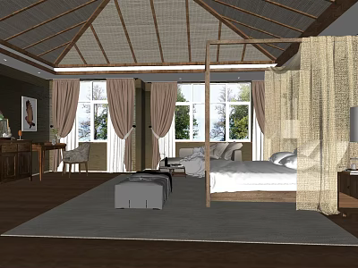 Serene Hotel Guest Room With Bamboo Ceiling Four Poster Bed And Beige Curtains 3d model