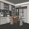 Modern Restaurant Interior With Open Kitchen Cabinets Dining Table Chairs And Natural Light 3d model