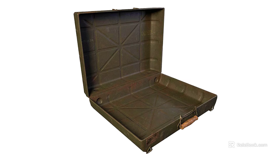 Open Olive Green Metal Box With Cross Pattern Interior And Leather Handle 3d model