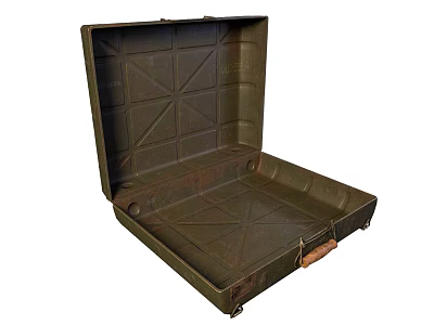 Open Olive Green Metal Box With Cross Pattern Interior And Leather Handle 3d model