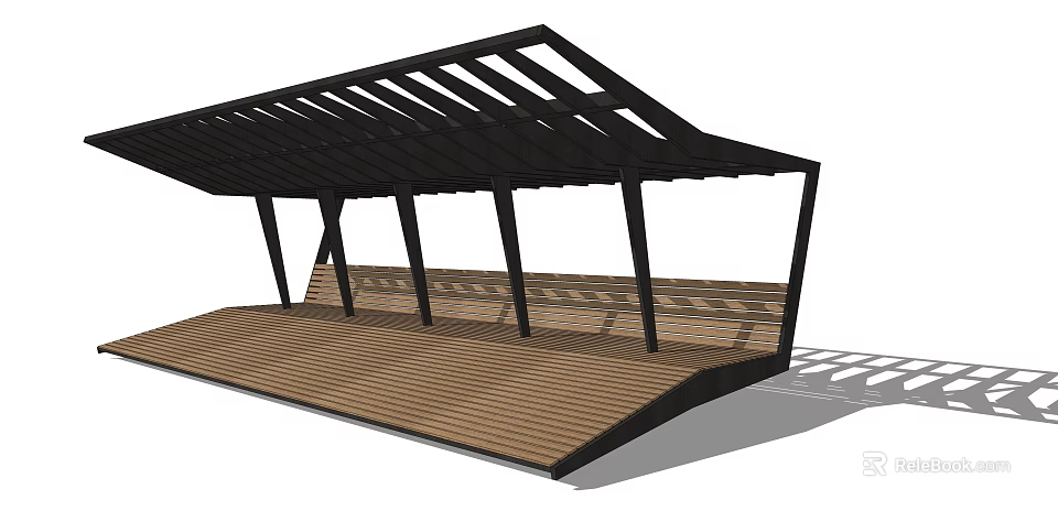 Modern Outdoor Pergola With Black Frame Slatted Roof And Wooden Deck 3d model 