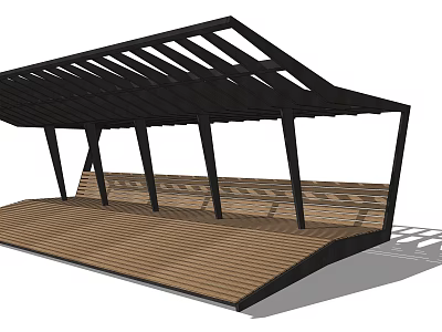 Modern Outdoor Pergola With Black Frame Slatted Roof And Wooden Deck 3d model