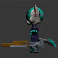 Mechanical Cat Character With Cybernetic Eye And Purple Blue Armor Holding Yellow Tool