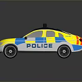 Yellow And Blue Police Car With Emergency Services Sign Flashing Lights And Black Wheels