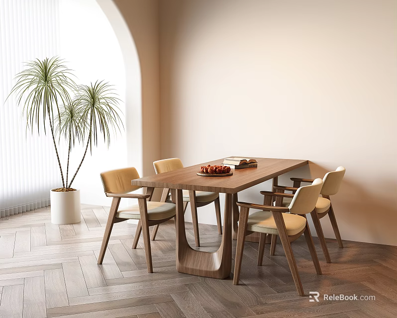 Modern Wooden Dining Table Set With Four Light Chairs And Potted Plants In Bright Room 3d model 