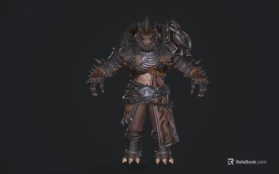 Game Fantasy Character Orc Warrior In Spiked Armor With Horned Helmet And Clawed Hands 3d model 