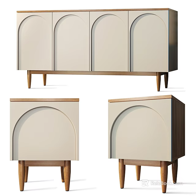 Modern Light Colored Dinnerware Cabinet Set With Arched Doors Wooden Legs And Combination Design 3d model 