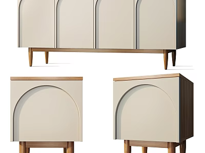 Modern Light Colored Dinnerware Cabinet Set With Arched Doors Wooden Legs And Combination Design 3d model