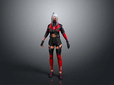 White Haired Character In Red And Black Costume With Mask Sci Fi Design Standing Pose 3d model
