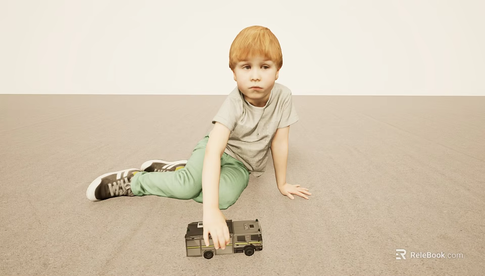 Young Boy With Red Hair Sitting On Light Floor Holding Toy Car In Gray T Shirt Green Pants 3d model 