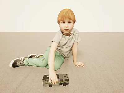 Young Boy With Red Hair Sitting On Light Floor Holding Toy Car In Gray T Shirt Green Pants 3d model